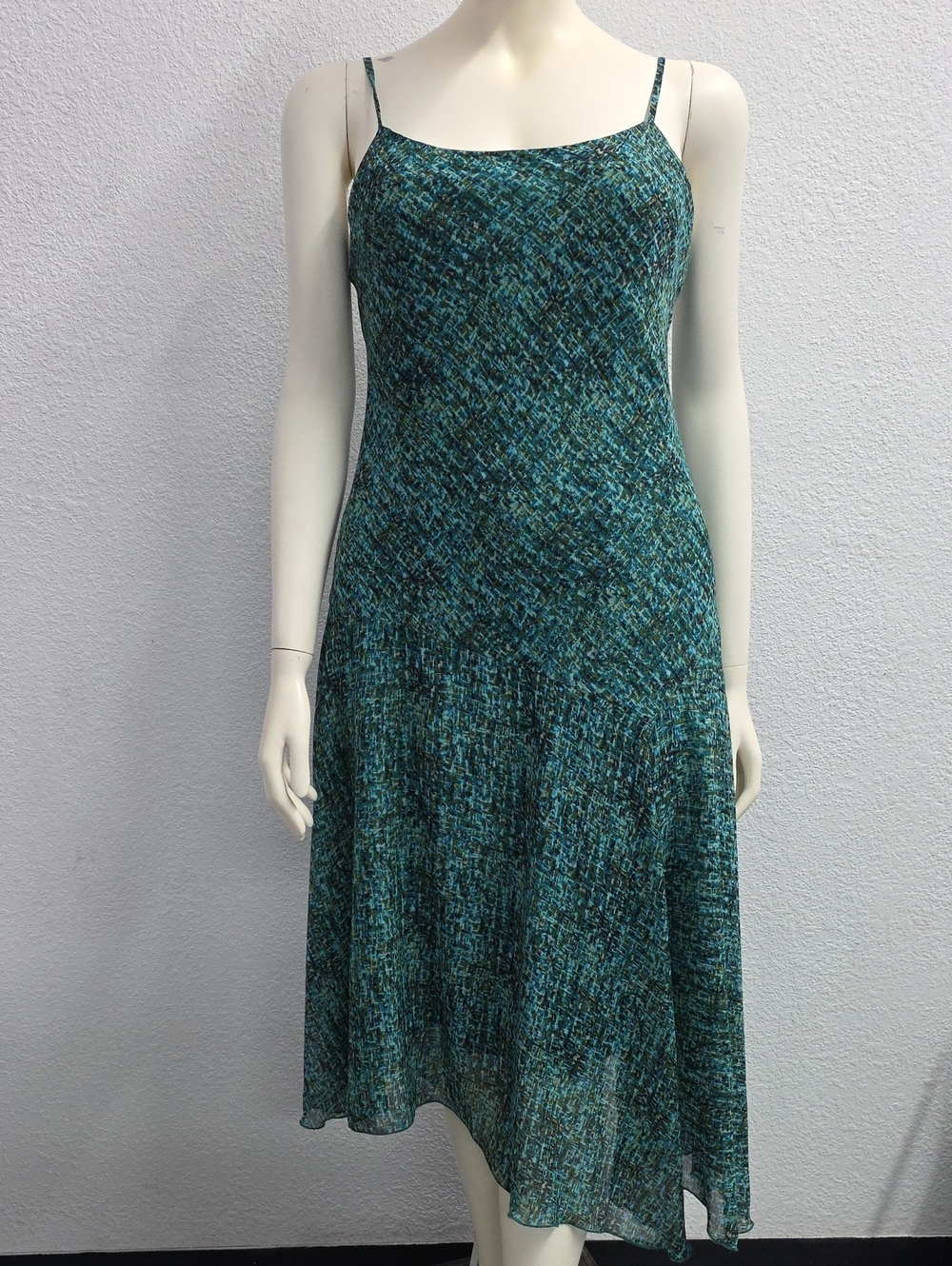 Jones Wear Dress Teal Abstract Print Asymmetrical Hem Midi Dress Size 12